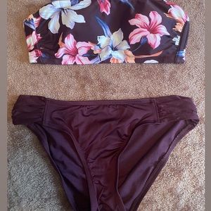 2 piece bikini bathing suit. burgundy/purple top and bottom with flowers.